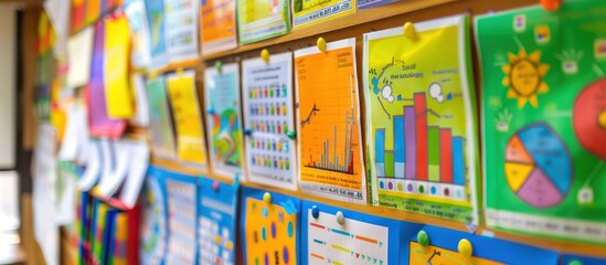 A vibrant display of educational charts and posters on a classroom wall celebrating the diverse subjects and knowledge shared by teachers