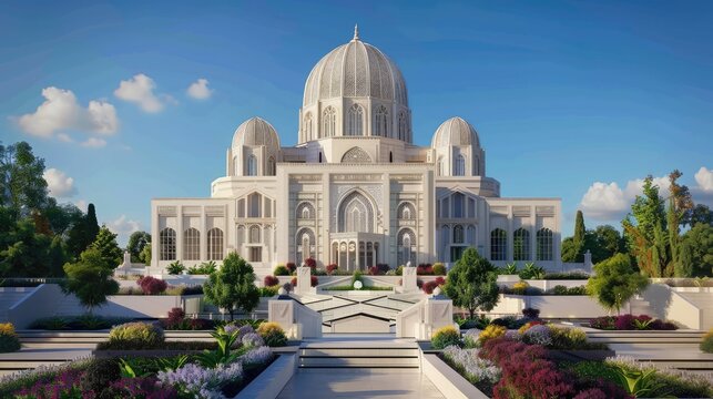 An ornate Baha'i temple with geometric designs and lush gardens, radiating peace and unity.