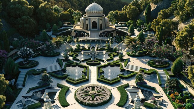 An ornate Baha'i temple with geometric designs and lush gardens, radiating peace and unity.