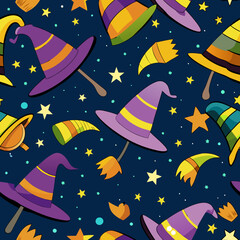 Witches' Hats and Broomsticks Seamless Pattern. Perfect for: Halloween, witch-themed events, spooky night