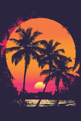 Evening on the beach with palm trees. Rest concept. Palm trees silhouettes at sunset. Vector retro poster