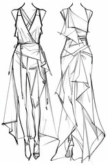 Modern High Fashion Sketches on White Paper Showcasing Female Stylish and Contemporary Designer Clothing
