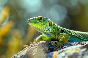 Obraz premium A vibrant image of a European green lizard basking on a sunny rock.