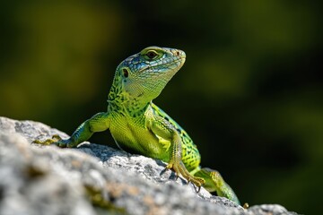 A vibrant image of a European green lizard basking on a sunny rock.