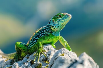 Fototapeta premium A vibrant image of a European green lizard basking on a sunny rock.