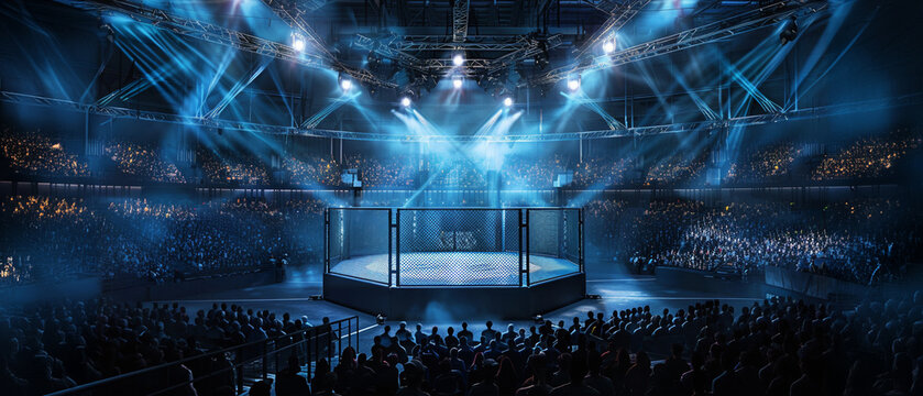 3D rendering of an MMA fighting cage with a crowd in the arena. A large view of the audience and a professional photo in the style of Titan. 