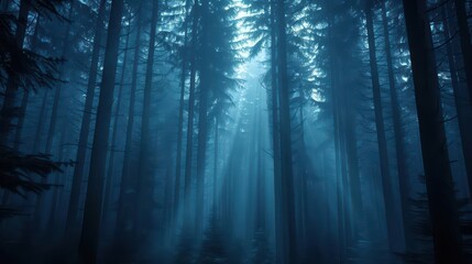 Naklejka premium Hemlock trees stand tall and majestic, illuminated by mystical light, in an ultramodern, supernatural scene banner with copy space