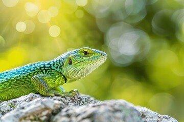 Fototapeta premium A vibrant image of a European green lizard basking on a sunny rock.