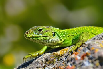 A vibrant image of a European green lizard basking on a sunny rock.