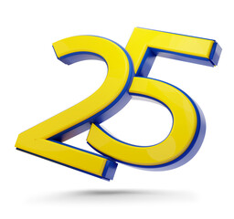 number or year or age 25 twenty-five, symbol creative abstract 3d-illustration, isolated, yellow and blue colors as the flag of the European Union, EU, Europe