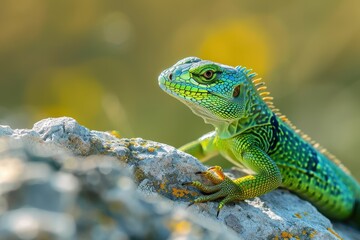 Fototapeta premium A vibrant image of a European green lizard basking on a sunny rock.