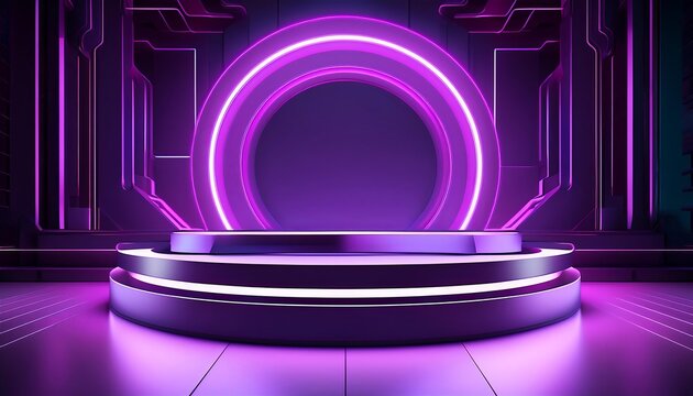 Cyberpunk Product Showcase: A neon-lit, futuristic platform awaits, bathed in vibrant violet hues and framed by intricate circuitry, ready for your digital display needs. 