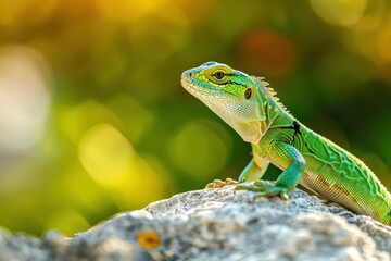 A vibrant image of a European green lizard basking on a sunny rock.