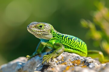 Fototapeta premium A vibrant image of a European green lizard basking on a sunny rock.