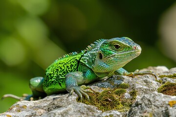 Fototapeta premium A vibrant image of a European green lizard basking on a sunny rock.