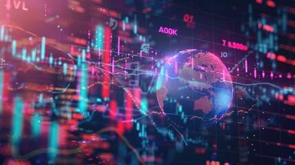 Obraz premium Globe surrounded by stock market indicators and currency symbols.
