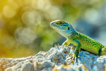 Fototapeta premium A vibrant image of a European green lizard basking on a sunny rock.