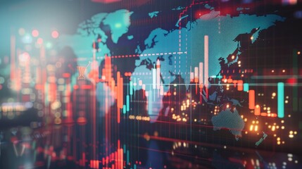 Graphs and charts superimposed on a world map.