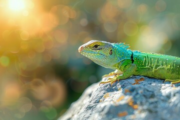 Fototapeta premium A vibrant image of a European green lizard basking on a sunny rock.