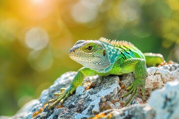 Fototapeta premium A vibrant image of a European green lizard basking on a sunny rock.