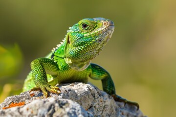 Fototapeta premium A vibrant image of a European green lizard basking on a sunny rock.