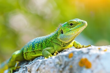 Obraz premium A vibrant image of a European green lizard basking on a sunny rock.