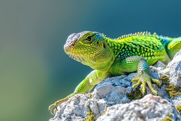 Fototapeta premium A vibrant image of a European green lizard basking on a sunny rock.