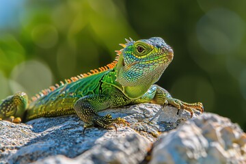 Fototapeta premium A vibrant image of a European green lizard basking on a sunny rock.