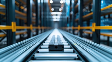 Organized warehousing facilities with automated storage solutions, banner, with copy space