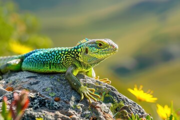 Fototapeta premium A vibrant image of a European green lizard basking on a sunny rock.