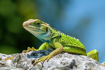 A vibrant image of a European green lizard basking on a sunny rock.