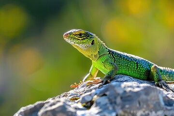 Fototapeta premium A vibrant image of a European green lizard basking on a sunny rock.