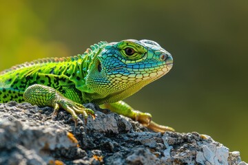 A vibrant image of a European green lizard basking on a sunny rock.