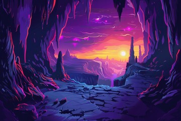 Fototapeta premium Mysterious alien landscape with vibrant colors and a distant sunset