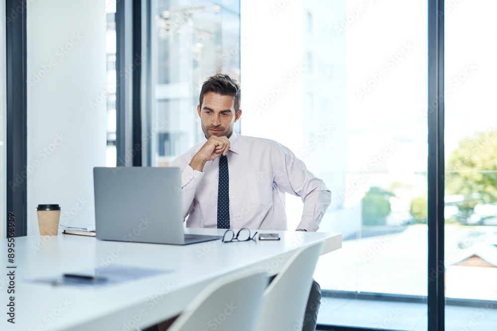 Poster laptop, planning and thinking with business man at desk in glass office for problem solving or revie