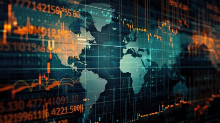 Stock market graphs and world map overlay symbolizing global trade.
