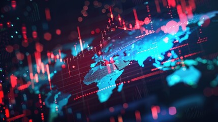 Stock market graphs and world map overlay symbolizing global trade.