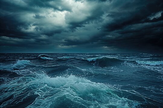 Close-Up of Rough Seas with Stormy Clouds in the Sky. Dark Nature Image.