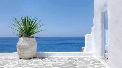 Obraz premium white greek house with blue doors and windows, stone path leading to the sea in front of it, Scandinavian style color