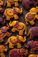 elephant shaped cookies decorated with intricate Indian design flat lay pattern, yellow, burgundy, purple and orange colors, dark background for Diwali