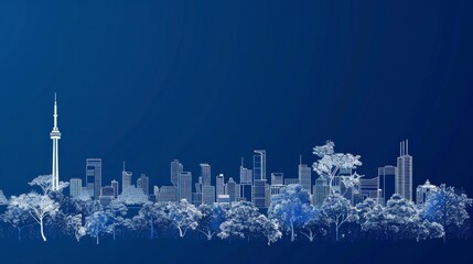 Fototapeta premium A contemporary graphic design depicting a city skyline with various structures and trees in white line art