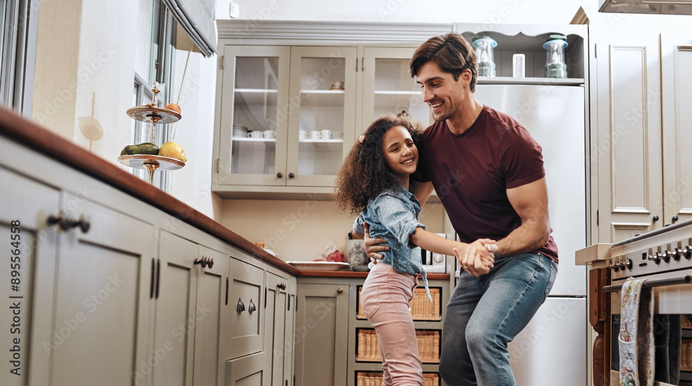 Canvas Prints Happy, man and kid with dancing in kitchen for playful fun, learning and bonding together. Family home, father and daughter with love in support for child development, connection and parenthood