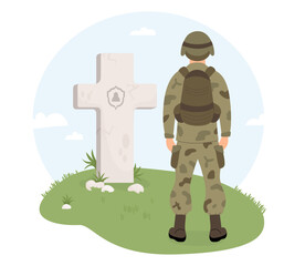 Military soldier stands in front of grave cross with tombstone. Memorial Day. Veterans Cemetery. Vector illustration