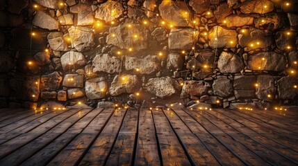 Vintage stone wall with golden lights and weathered wooden floor for Christmas decor