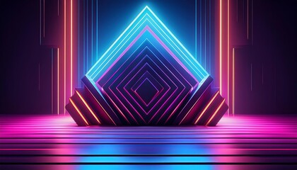 Fototapeta premium Neon Dreamscape: A hypnotic stage bathed in vibrant hues of blue and pink neon light, with geometric shapes creating a futuristic and ethereal ambiance. The scene is both abstract and captivating.