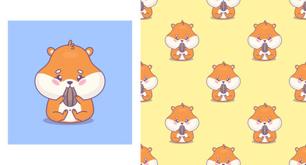 Obraz premium Cute hamster eats seed. Seamless pattern with funny cartoon rodent kawaii character on yellow. Isolated card and background. Vector illustration. Kids collection