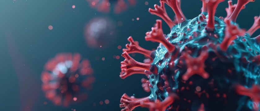 The intricate design of the bird flu virus under a microscope, banner, with copy space