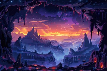 Mystical Mountain Landscape with Glowing Purple River and Floating Islands