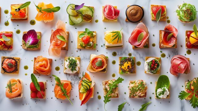 Assorted Canapés on White Marble Background, Gourmet Appetizers