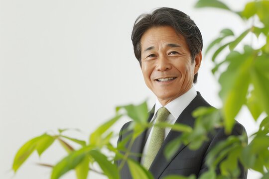 Environmental consultant advising a company on green practices, Japanese, Portrait half-body, hyper-realistic, high detail, photorealistic, white background, Key Light, Fill Light